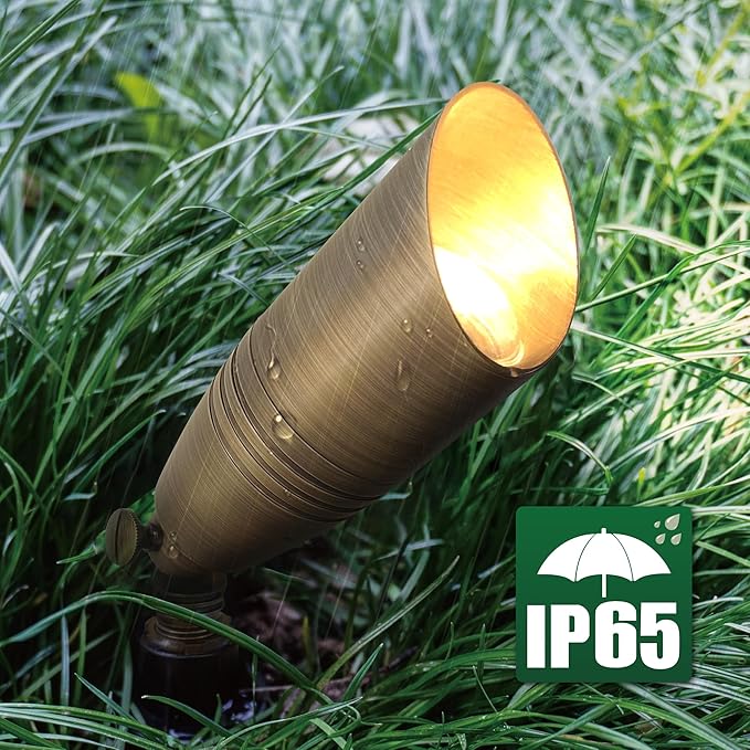 GKOLED Solid Brass Landscape Spotlight, 12V AC/DC Low Voltage Landscape Lights, Outdoor Directional LED Uplight Waterproof Fixture with ABS Spike, Garden Patio Trees Spot Up Light, No MR16 Bulb