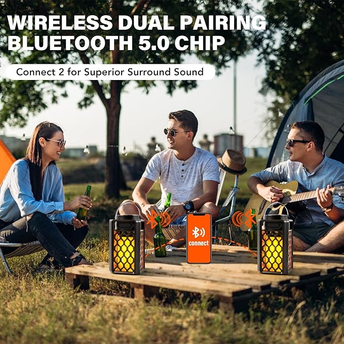 Outdoor Bluetooth Speaker with Led Flame, IP65 Waterproof Wireless Bluetooth Speaker, HD Audio, Atmosphere, 2 Pack