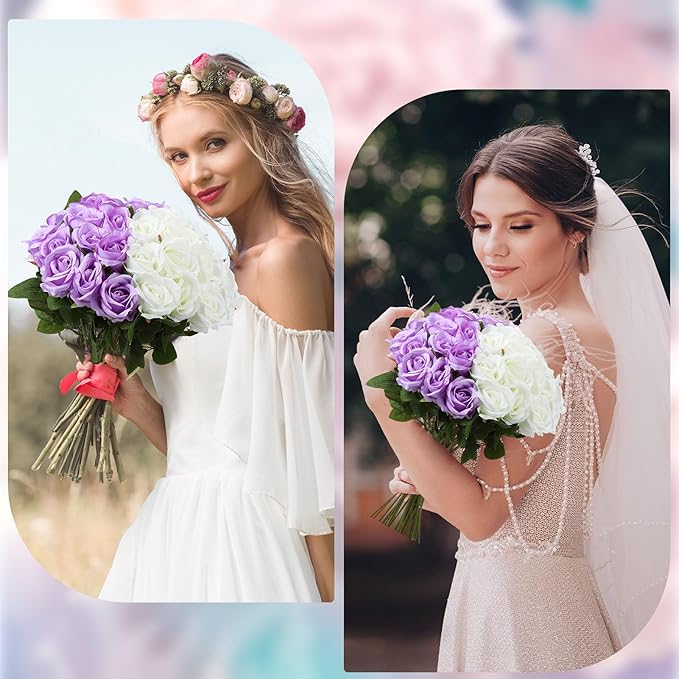 Hoemwarm 36 Pcs Silk Purple White Rose Bouquet Bridal Artificial Flowers,Fake Rose Long Stem Realistic Flowers Bulk for Wedding Bouquet Ball Arrangement Centerpiece Party Decor