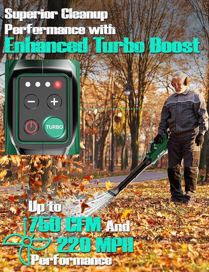 KIMO Cordless Leaf Blower with Battery and Charger, 750CFM 220MPH, 4 Speeds w/Turbo Mode, Brushless Motor, 3 Extended Tube, 4000mAh Battery Powered Leaf Blowers for Lawn Care Patio Cleaning Wet Leaves
