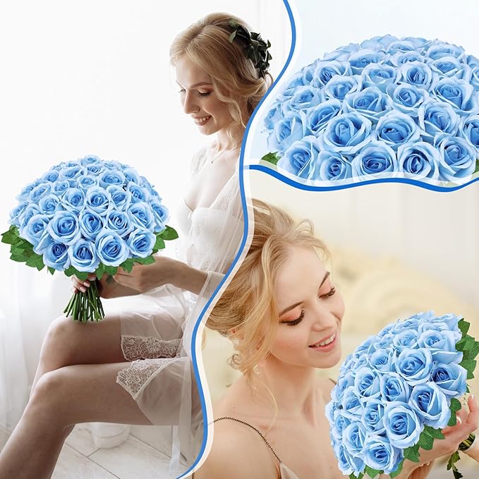 36 Pcs Sky Blue Artificial Roses with Long Stems, Blue Fake Silk Rose Artificial Flowers Bulk for Bridal Wedding Bouquet Centerpiece Ball Arrangement Party Decor
