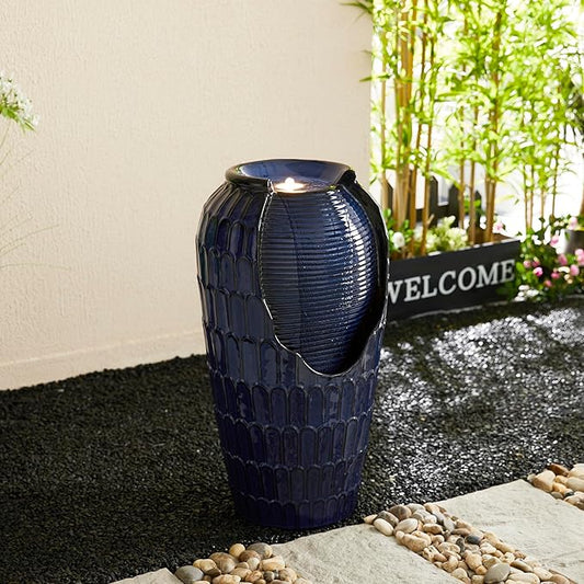 Glitzhome 28.25" H Oversized Ceramic Petals Textured Jar Outdoor Water Fountain, Vintage Cobalt Blue Glaze Vase Patio Garden Waterfall Fountain with LED Light and Submersible Pump