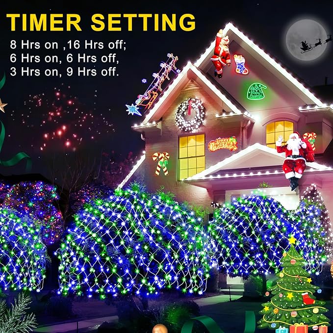 KNONEW Christmas Net Lights 360 LEDs 13ft x 9.8ft Outdoor Mesh Lights Connectable Waterproof 8 Modes & Timer Plug-in Net Fairy Lights for Bushes Garden Party Wedding Holiday,Blue and Green