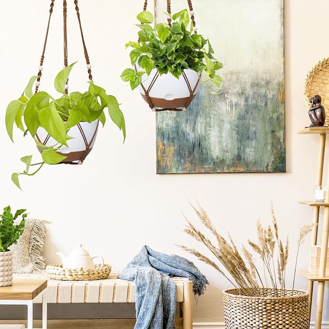 2 Pack Hanging Planters Set,10 Inch Indoor Outdoor Hanging Plant Pot Basket,Hanging Flower Pot with Drainage Hole with 3 Hooks for Garden Home(Caramel Hanger White Planters)