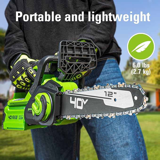 Greenworks 40V 12" Cordless Compact Chainsaw (Great For Storm Clean-Up, Pruning, and Camping), 2.0Ah Battery and Charger Included