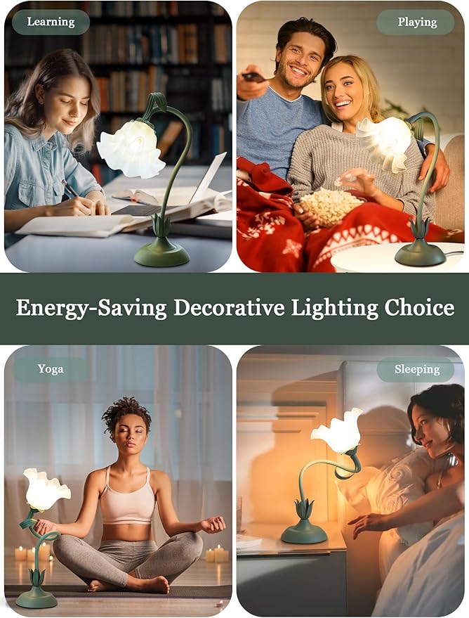 Flower Table Lamp,LED Reading Light Bedside Vintage Flower Night Light,3 Colors Modes Kawaii Bedside Lamps Decor,Living Room Bedroom Room Lighting Table Lamps Home Decoration (Green)