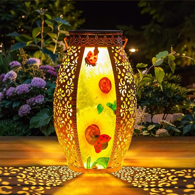 Sunflower Solar Lanterns Outdoor Waterproof,Hanging Solar Lantern with Ladybug,Outdoor Solar Lanterns with Hollowed-Out Design Metal &Glass Lantern,Solar Lights for Garden Patio Lawn Decor