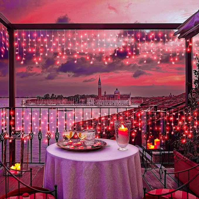 33ft Icicle Lights for Outside, Red Christmas Lights Outdoor Waterproof for House, 400 LED Twinkle Tree Lights with 75 Drops Clear Wire Short Curtain Lights for Room Home Wall Indoor Decorations