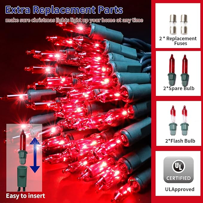 Ultra-Bright Connects End to End Red Christmas Mini Lights 300L 63.8Ft(2Sets-Each 150L)UL Listed Incandescent Bulb String Light for Indoor Outdoor Holiday Garden Party Christmas Tree Decor
