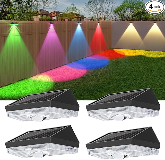 Ellasay Solar Fence Lights Outdoor: Solar Powered Deck Light -10 Lighting Modes with RGB - Waterproof IP65 - Led Lens Wall Decor for Garden Patio Backyard Porch 4 Pack