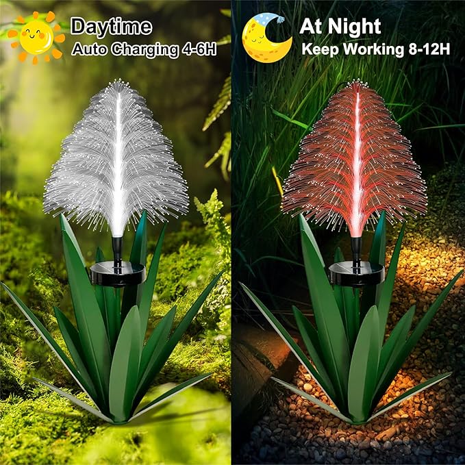 Metal Outdoor Decoration Gift Christmas Decorations Outdoor Metal Agave Yard Art Garden Lights Solar Outdoor, 7 Color Changing Garden Yard Pathway Xmas Decor Waterproof (2 pcs Green)