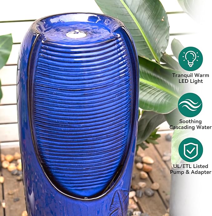 33" Tall Outdoor Garden Fountain with LED Lights, Modern Ceramic Jar Water Fountain, 3D Tropical Leaf Pattern, Cobalt Blue Glaze, Soothing Cascading Waterfall for Relaxing Patio, Yard, Porch