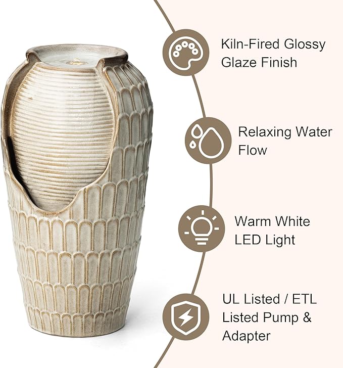 Glitzhome 28.25" H Oversized Ceramic Petals Textured Jar Outdoor Water Fountain, Vintage Sand Beige Glaze Vase Patio Garden Waterfall Fountain with LED Light and Submersible Pump