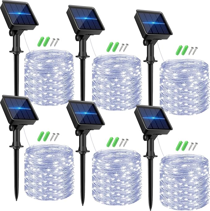 kolpop 6 Pack Solar Fairy Lights Outdoor, 32FT 80LED Solar Powered Twinkle Light Waterproof, 8 Mode Copper Wire Solar Tree Lighting for Outside Garden Yard Decorative (Cool White)