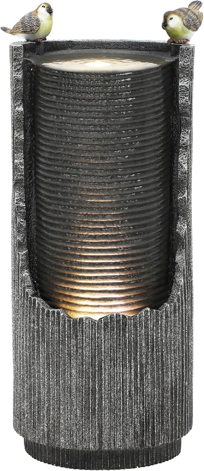 32" Rustic Cracked Jar Water Fountain Outdoor with LED Lights, Polyresin Freestanding Waterfall Feature, Tranquil Oasis for Garden, Patio, Yard, or Porch