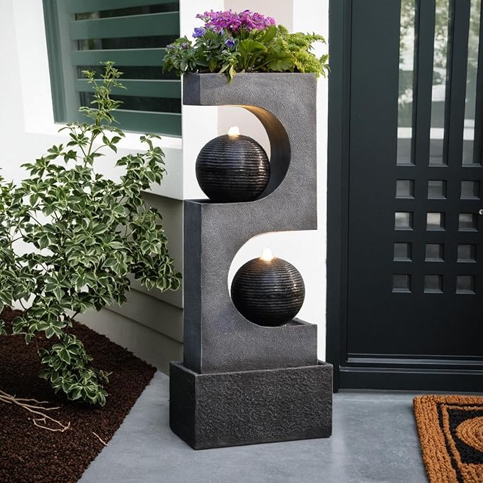 46''H Outdoor Water Fountain with LED Light, Modern Sphere Floor Waterfalls Fountains Indoor for Garden Patio Yard Deck Home Decor Lawn Porch House