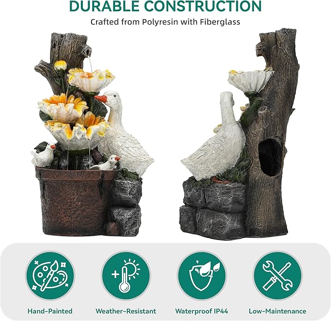 19.1" H Farmhouse Duck Garden Water Fountain with Sunflower, Indoor/Outdoor Freestanding, Soothing Cascading Waterfall with LED Lights, Decorative Water Feature for Patio, Yard, and Garden