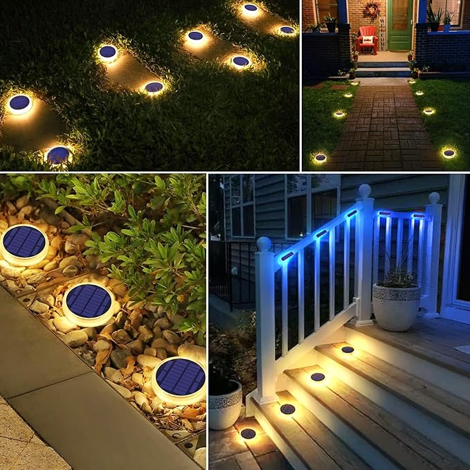 YiLaie LED Solar Deck Lights Outdoor Round Stick on Solor Powered Waterproof, Auto ON/Off Solar Stair Lights for Garden Patio Concrete Pathway Walkway Driveway(4 Pack)