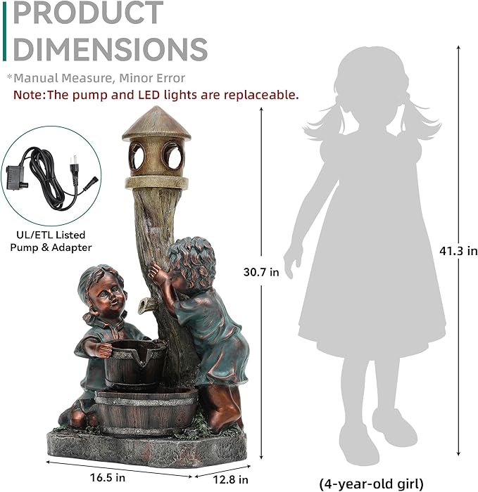 31" Resin Outdoor Water Fountain with LED Lights, Boy-Girl, Pagoda and Wood Barrel Garden Fountain, 3-Tier Cascading Waterfall for Tranquil Backyard, Patio or Porch, Faux Bronze Finish