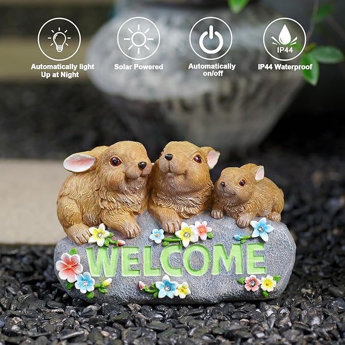 Solar Rabbits with Welcome Sign - Outdoor Bunny Decor with Solar LED Lights - Rabbit Garden Decor & Outdoor Light-Up Gifts for Women, Moms or Birthdays