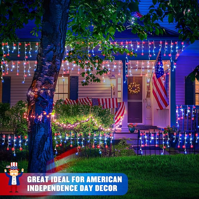 JMEXSUSS Icicle Lights for 4th of July Decor, 400 LED Red White and Blue Icicle Lights for Outside, 38.8 Ft Independence Day Icicle String Lights Indoor Outdoor Holiday Christmas American Flag Decor