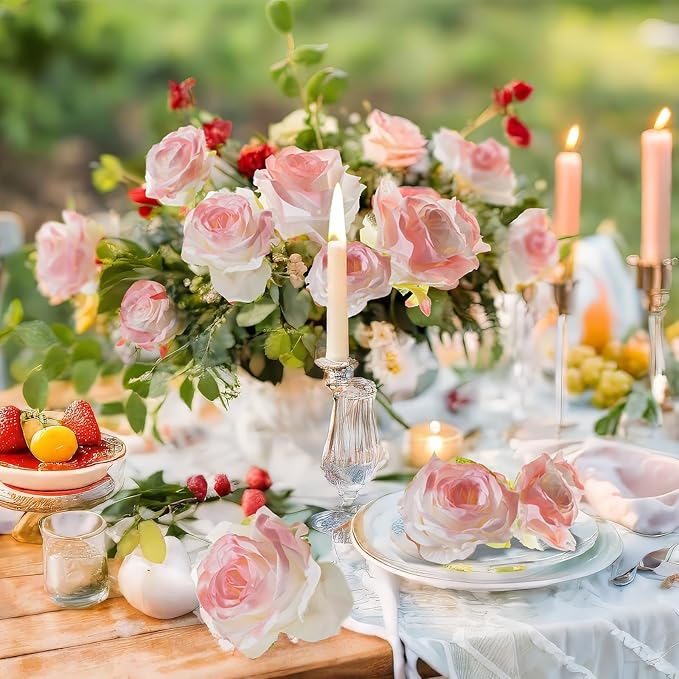 Rose Pink Artificial Roses Fake Flowers Not Bend The Peduncle with Stems for DIY Wedding Bouquets Bridal Shower Centerpieces Arrangements Tables Decorations 12pcs