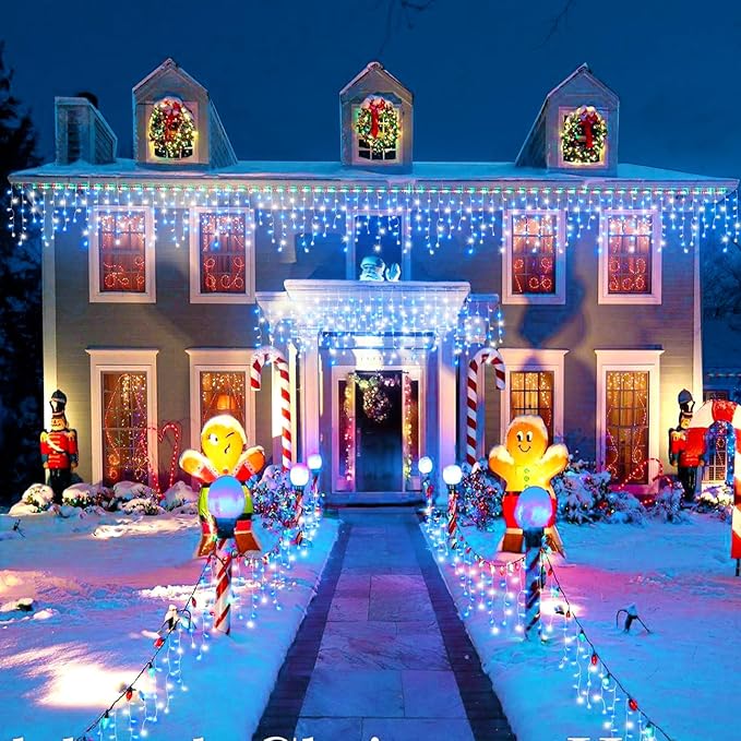 Christmas Icicle Lights Outdoor, 66Ft 640 LED Icicle Lights for Outside with 8 Modes Timers, Waterproof Plug in Twinkle String Light for Yard Eave Patio Party Holiday Decorations, Blue White