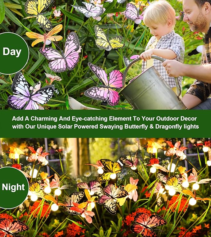 Aiscool Solar Garden Lights, 4 Pack Swaying in The Wind Butterfly Light Outside, Solar Outdoor Lights,Yard Patio Pathway Lawn Decoration,Realistic Butterflies & Dragonflies