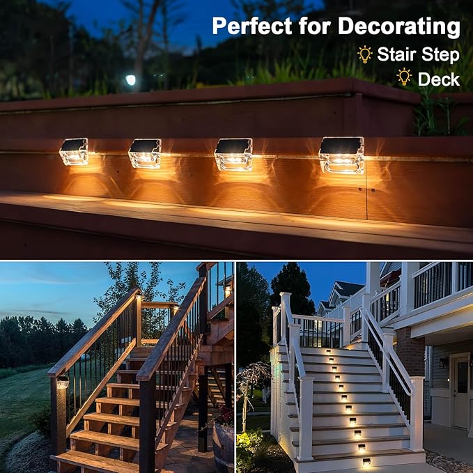 Solar Outdoor Lights, 12 Pack Solar Fence Lights, Deck Lights Waterproof Solar Powered Outside Lighting for Step Railing Wall Pool Stair Yard Garden Patio Pool Decorations (Warm White)