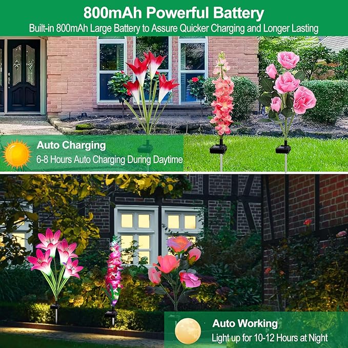 Solar Garden Lights Waterproof, 3 Pack Solar Flowers Lights Includes Lily Rose Delphinium,Gardening Gifts for Mom Grandma Women ,7-Color Changing Outdoor Decor Solar Lights for Garden Yard Patio Lawn