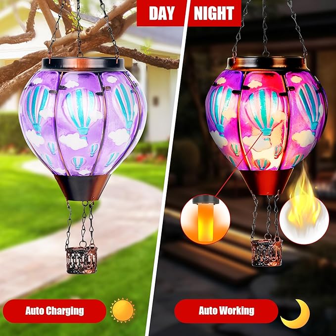 Solar Lantern Outdoor Waterproof, Hanging for Backyard Porch Patio Lawn Pathway Decor, Yard Decorations, Hot Air Balloon Garden Gifts, Cardinal-2, Sol-Purpl-Us2