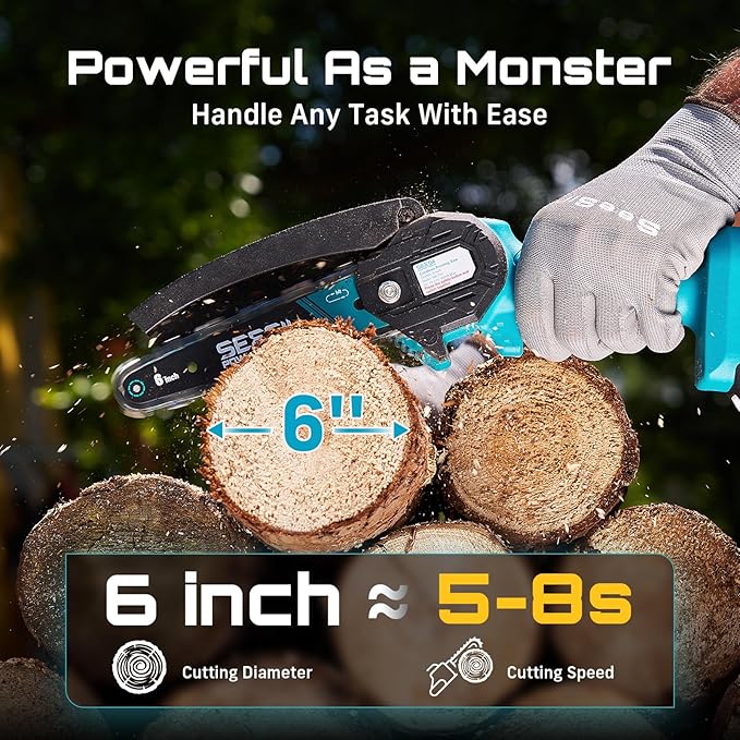 Seesii Mini Chainsaw, 6-inch Mini Chainsaw Cordless, Handheld Electric Power Chain Saw with 2 Batteries, for Tree Trimming Wood Cutting, Best Gifts for Father, Dad, Husband, Men
