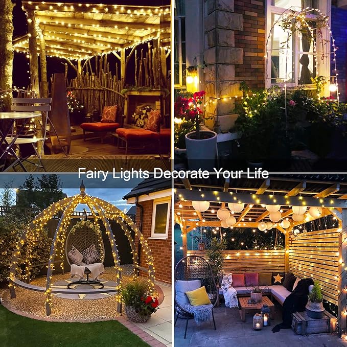 JMEXSUSS 4 Pack 100 LED Solar Fairy Lights, 33ft Warm White Solar String Lights Outdoor Waterproof, 8 Modes Copper Wire Solar Twinkle Lights for Garden Yard Tree Wedding