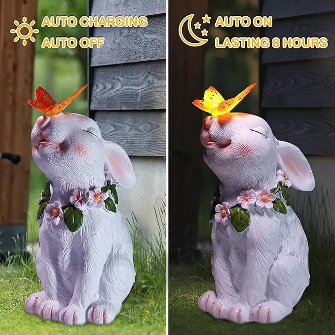 Attivolife Garden Solar Outdoor Statues Bunny Light, Patio Decor Easter Rabbit with Butterfly Ornament for Lawn Balcony Yard Art Decoration, for Mom Grandma