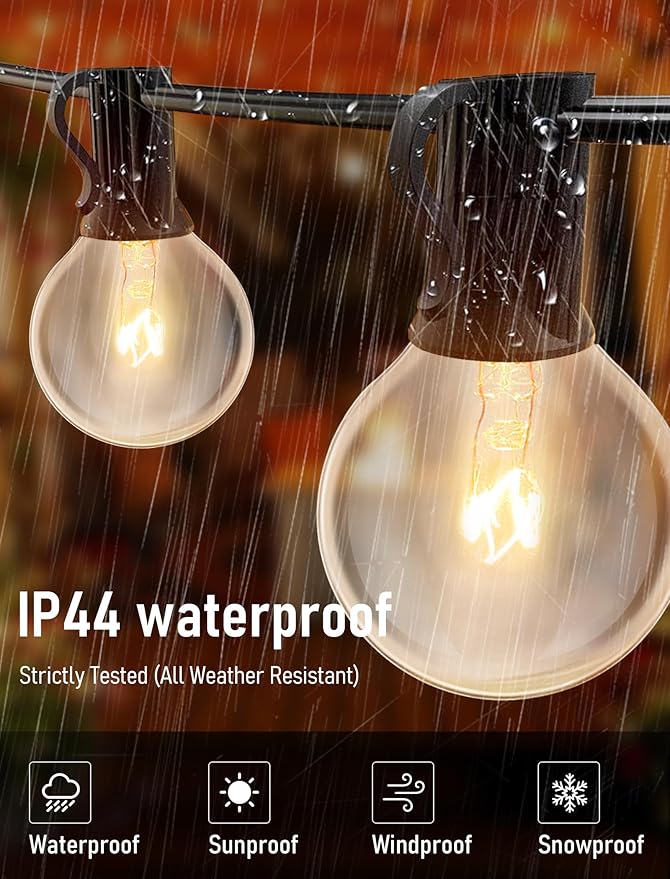 50FT String Lights, G40 Outdoor String Lights Edison Light Bulbs Clear Globe Lights for Backyard Patio Lights Indoor/Outdoor Commercial Decoration -5 Watt/120 Voltage/E12 Base -Black Wire