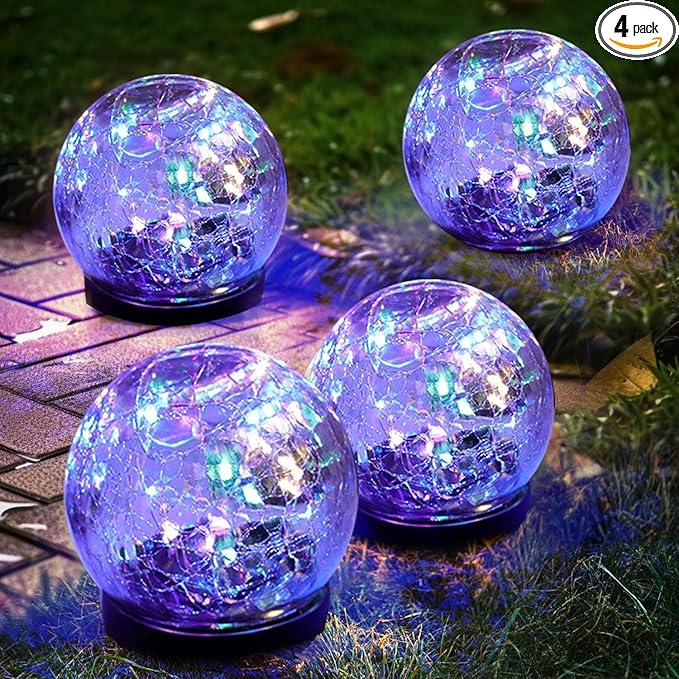 Solar Garden Lights Outdoor Waterproof, 4 Pack Cracked Glass Ball Light, Ground Landscape Garden Decor, Solar Globe Decorative for Pathway/Patio/Lawn/Yard (Multicolor, 4.7")