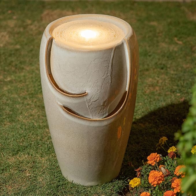Glitzhome 21.25" H Ceramic Vase Outdoor Water Fountain Tall Patio Garden Water Fountain with LED Light and Submersible Pump Yard Art Decor, Sand Beige