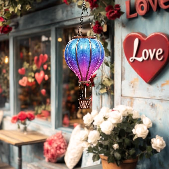 TERESA'S COLLECTIONS Hot Air Balloon Solar Lantern for Garden Decor Halloween Christmas Party,Flickering Flame Hanging Solar Light for Outdoor ,Blue & Purple Plastic Lamp for Yard Tree,Gift for Mom