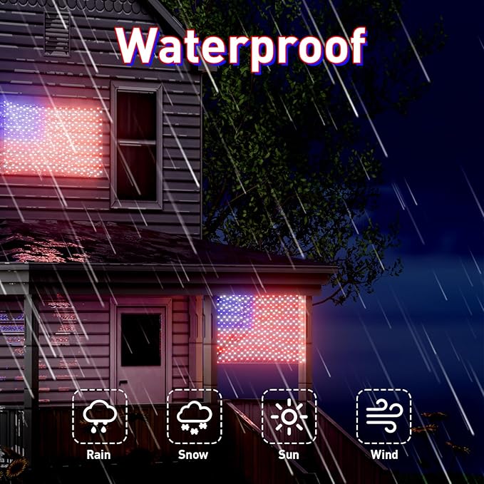 Leisure world 384 LED American Flag Net Lights for Outdoors, 6.6 FT x 3.3 FT Light Up American Flag, American Led Flag Patriotic Lights for Camper, Yard, Garden Memorial Day, Christmas Decorations