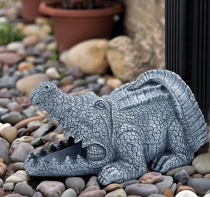 Realistic Crocodile Statue, Garden Rain Downspout Diverter, Splash Block & Gutter Extender, Decorative 3"x4" Gutter Extension, Outdoor Decor Sculpture, Unique Gutter Downspout Decoration