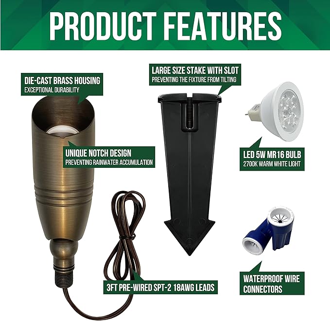 GKOLED UL Listed Solid Brass Landscape Spotlight, Low Voltage Outdoor Directional Uplight, with 5W MR16 LED Bulb & Large Rugged Slot Spike, 12V AC/DC Garden Patio Spot Up Light