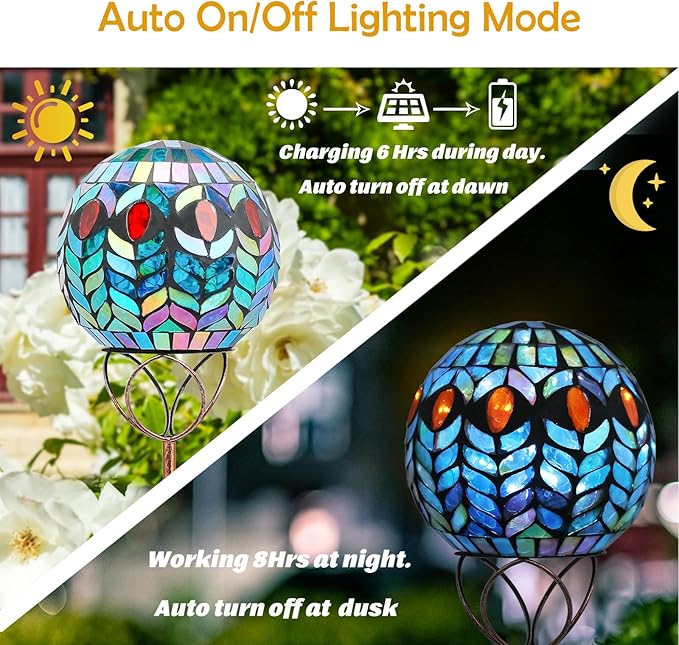 Afirst Solar Outdoor Garden Lights Decorative - Mosaic Solar Stakes Gazing Ball Waterproof Outdoor Lights Stakes for Pathway Yard Lawn Decoration(Green)