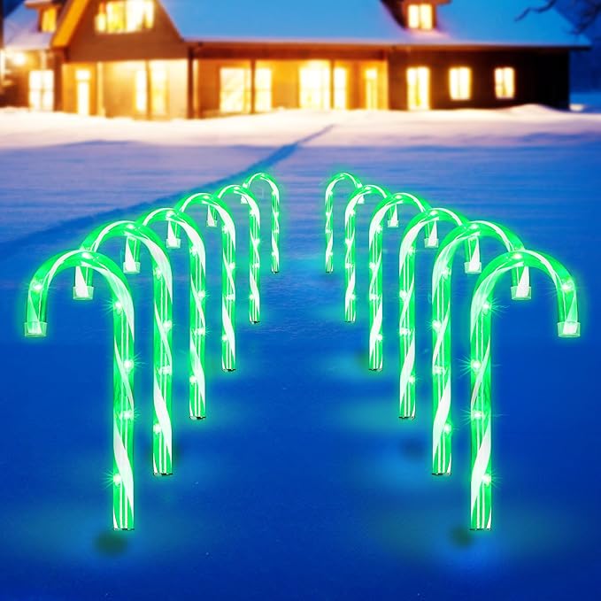 Christmas Candy Cane Lights 12Pcs Christmas Pathway Lights with 72 Count Incandescent Green Lights, Connectable 12 Inch Pathway Makers Lights for Indoor Outdoor Walkway Patio Yard Lawn Decorations