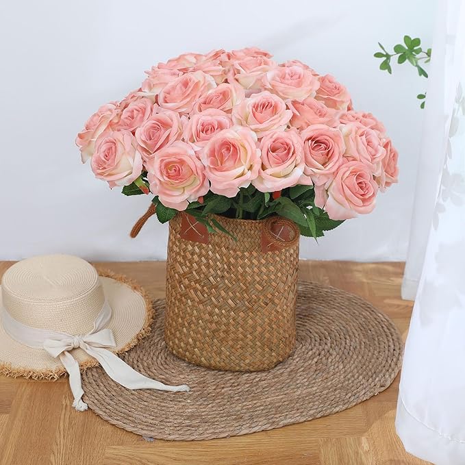 Pink Fake Roses Artificial Flowers - 10 Pcs Fake Artificial Roses Silk Flowers with Stems for Home Wedding Hotel Office Centerpiece Decor（Gradient Pink）