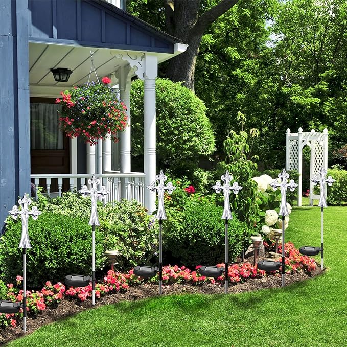 Riakrum 4 Piece Solar Cross for Cemetery Grave Grave Crosses for Cemetery Memorial Stake Solar Lights Waterproof Outdoor Garden Stake Cemetery Cross for Grave Yard Decorations, 16 Inches Long