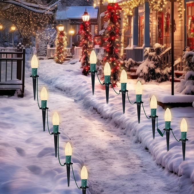 Joiedomi 30.75FT C9 Christmas Pathway Marker Lights, 24 LED Strawberry Stake Warm White Outdoor Faceted Walkway Decor with Connectable for Holiday Xmas Yard Garden Lawn