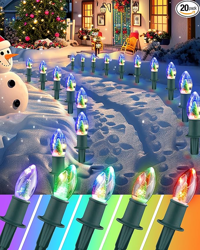 VCOKEN Christmas Pathway Lights Outdoor, 24.5FT Connectable C9 Christmas Lights with 20 LED and Stakes, Multicolored Waterproof C9 Christmas Walkway Lights Outdoor Decorations for Lawn Yard Sidewalk