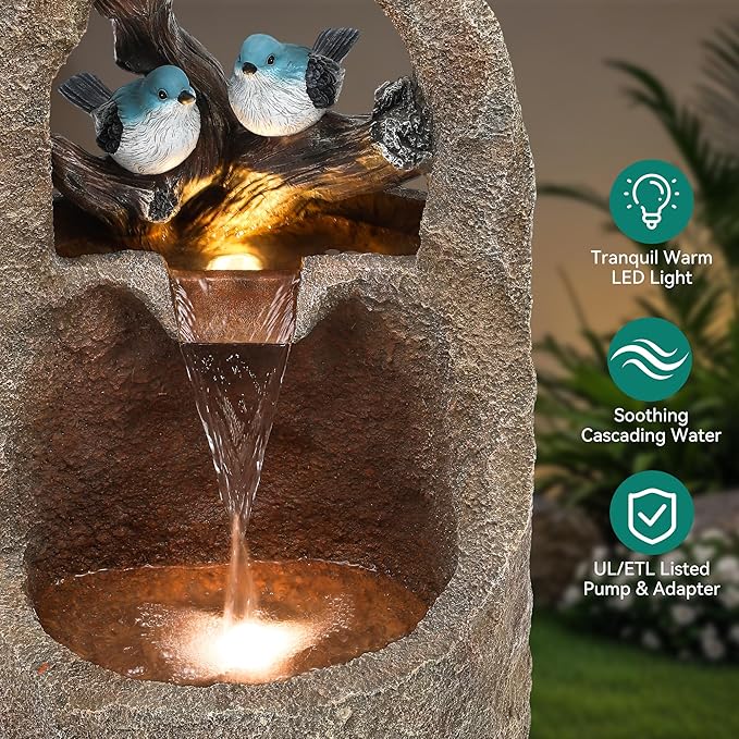 27" 2-Tier Bird Outdoor Water Fountain with Lights, Natural Zen Garden Fountain, Relaxing Waterfall Floor, Yard, Porch or Deck Decor, Whether-Resistant, Faux Granite Texture