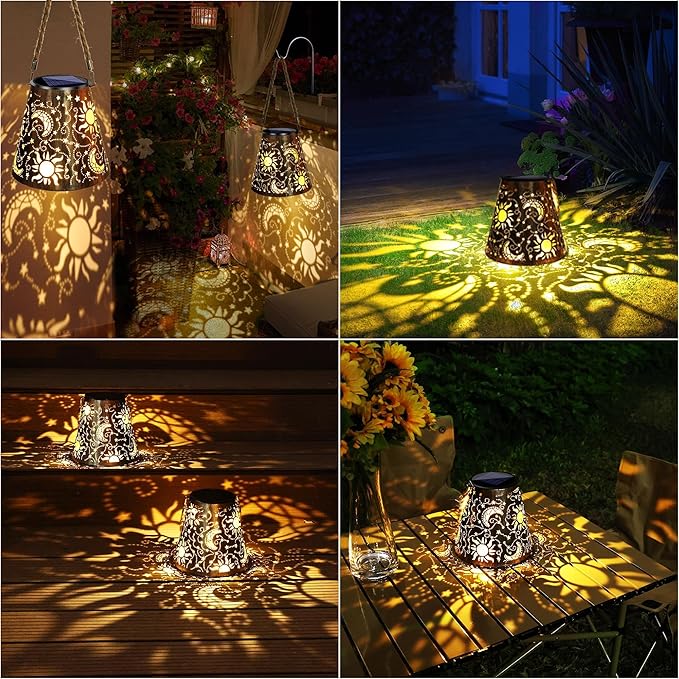 Toodour Solar Lantern Outdoor, Hanging Solar Outdoor Lights Garden Decor, Waterproof Hollow Out Retro Metal Sun & Moon Decorative Lights for Patio, Balcony, Yard, Walkway, Outdoor Decorations