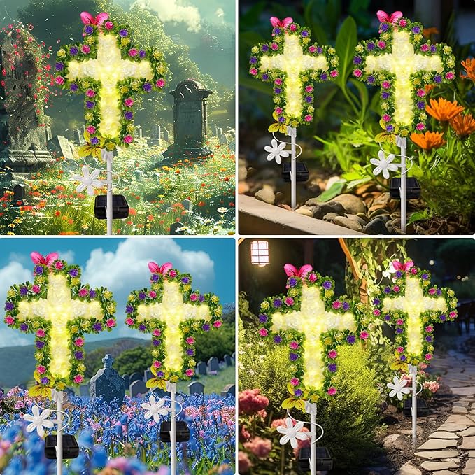 TEDOF Solar Garden Lights Outdoor Solar Flowers Cross Stake Lights Waterproof,Memorial Gifts for Mom,Cemetery Decorations for Grave,Garden,Path,Backyard